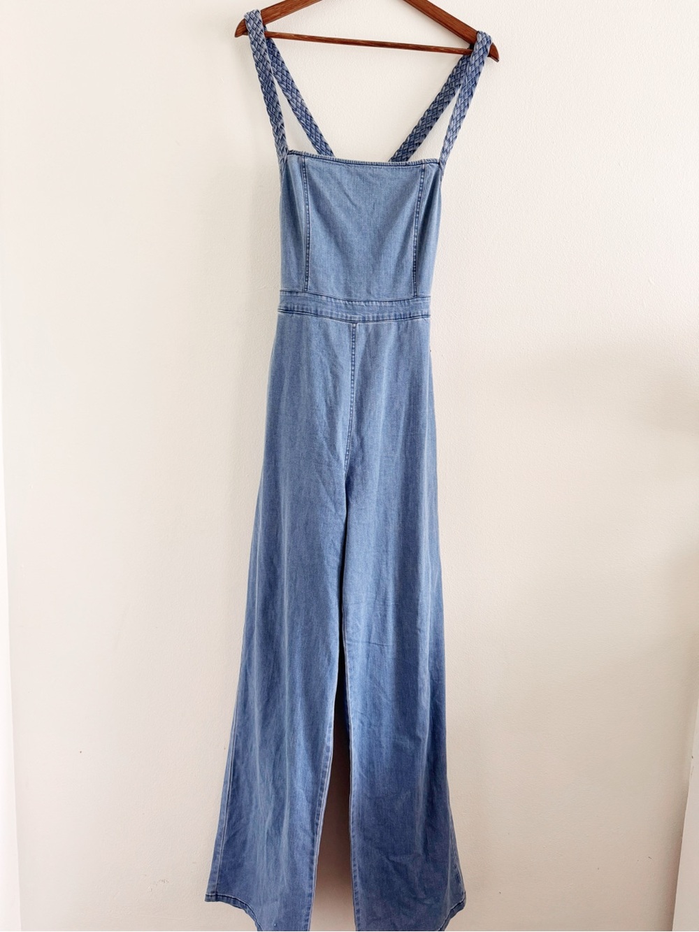 Blue Blush Braided-Strap Light Blue Denim Overalls Wide Leg Large